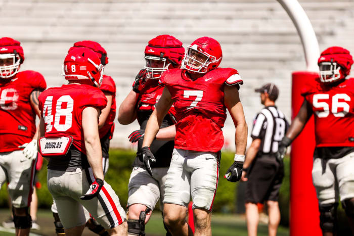 Georgia tight end Lawson Luckie (7) during Georgia’s spring practice on Dooley Field at Sanford Stadium in Athens, Ga., on Saturday, April 1, 2023. (Tony Walsh/UGAAA)
